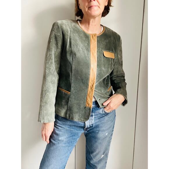 Vintage Doncaster Suede Leather Jacket Sage Green Snap Front Classic Chic Size M - Picture 7 of 12